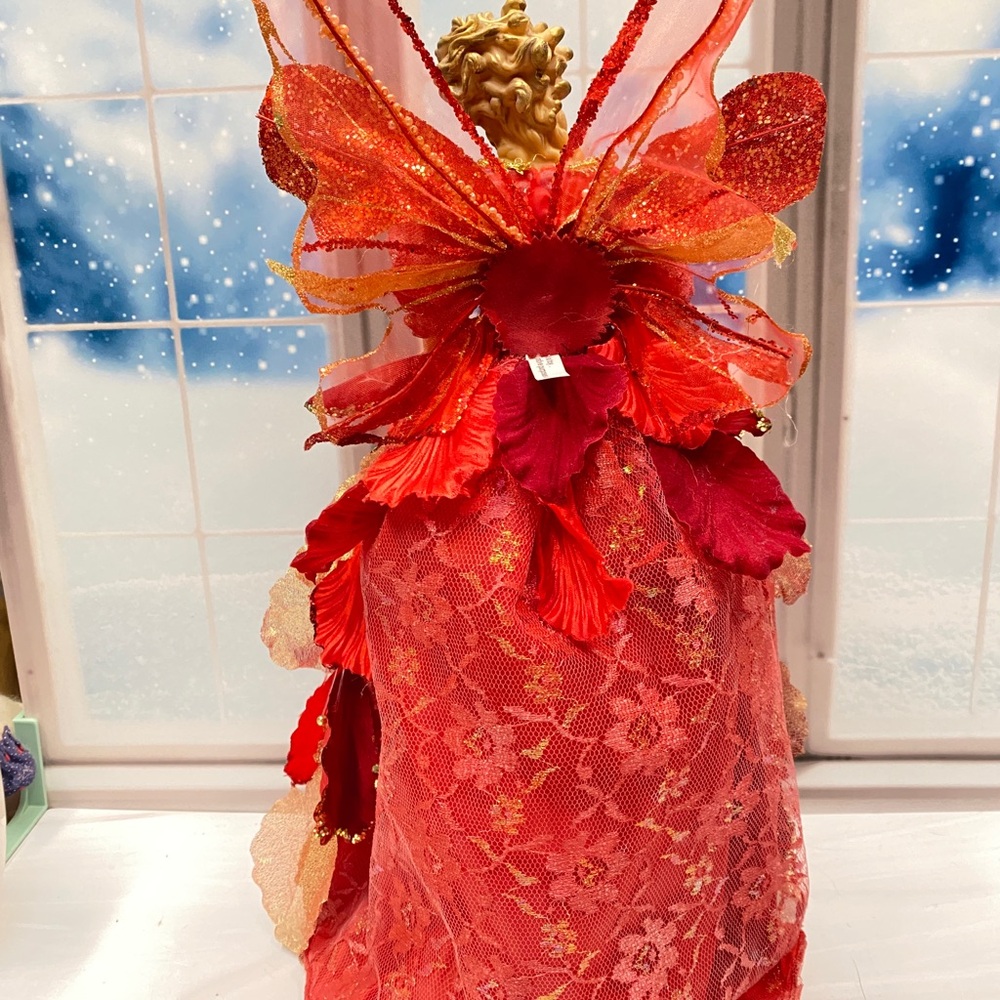 VTG 15” Red Petal Fairy Angel Tree Topper Layered Petal Gown, Glitter Wings - Picture 7 of 9